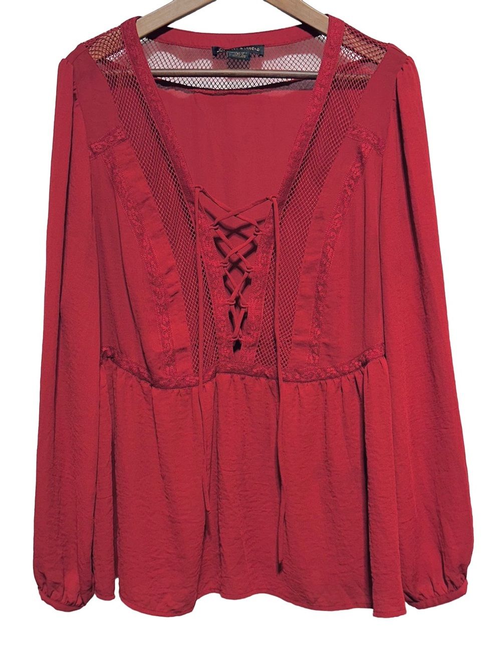 LOVE & LEGEND Red Lace Up Boho Mesh Peasant Blouse Poetcore Renfaire 16